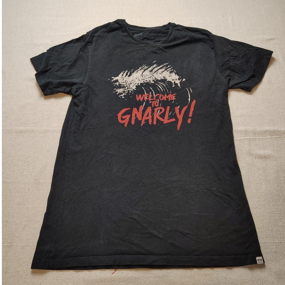 Reef Mens Welcome To Gnarly Graphic T-Shirt Black Cotton Surf Wave Tee Medium 19